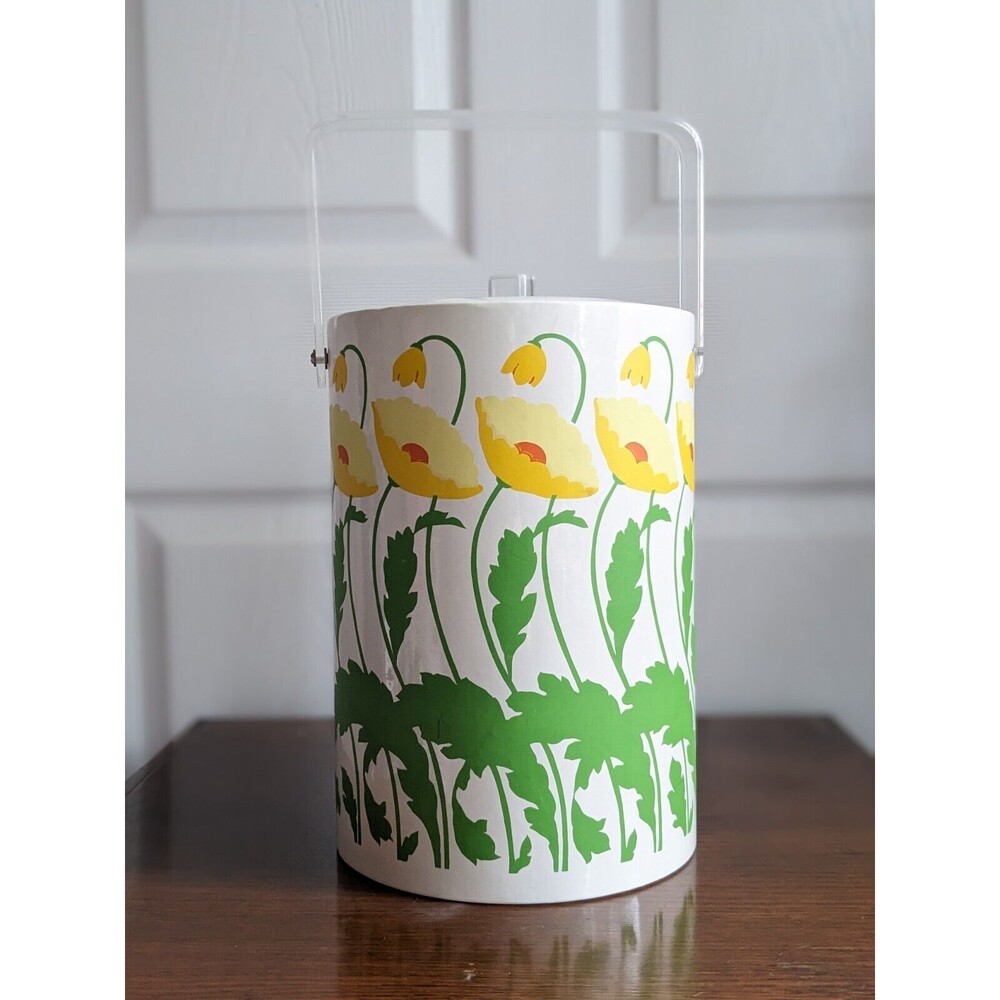 Vintage 1970s Ice Bucket Yellow Poppies Bold Floral‎ Print Padded White Vinyl